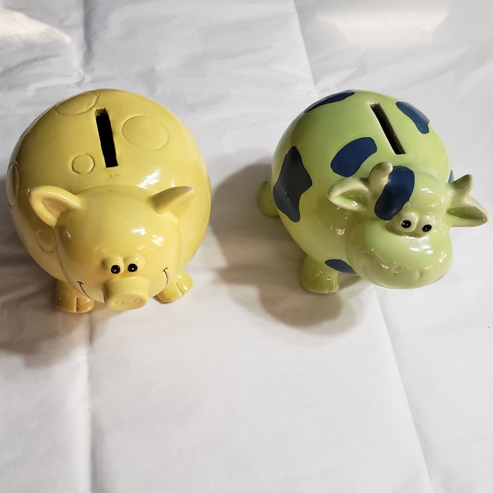 Ceramic Animal Banks ,Pig and Cow.  Vintage
